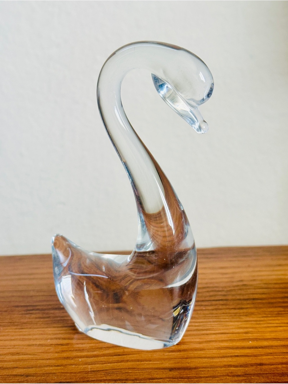 Vintage Clear Art Glass Swan Figurine 5" Long Neck Hand Blown Mint Condition